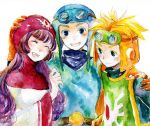  1girl blonde_hair closed_mouth commentary_request dragon_quest dragon_quest_ii dress long_hair looking_at_viewer multiple_boys prince_of_lorasia prince_of_samantoria princess_of_moonbrook robe shimi_(egi) short_hair traditional_media watercolor_(medium) white_background 