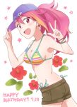  1girl :d bikini blue_hat blush breasts brown_ribbon brown_shorts cleavage collarbone cowboy_shot demirinz from_side hair_between_eyes happy_birthday hat highlights idolmaster idolmaster_million_live! long_hair looking_at_viewer maihama_ayumu medium_breasts multicolored_hair open_mouth pink_hair ponytail red_eyes ribbon short_shorts shorts side-tie_bikini sideboob smile solo standing striped_bikini_top swimsuit w white_background wrist_ribbon 