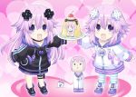  0_0 2girls :3 :d adult_neptune cherry chibi choujigen_game_neptune collar collarbone eyebrows_visible_through_hair food fruit hair_between_eyes hair_ornament heart heart_background hood hooded_track_jacket jacket kagura_ittou kokeshi long_hair looking_at_viewer multiple_girls neptune_(choujigen_game_neptune) neptune_(series) open_mouth outstretched_arm plate pudding purple_hair shin_jigen_game_neptune_vii shoes sleeves_past_wrists smile standing striped striped_legwear thigh_strap track_jacket v-shaped_eyebrows very_long_hair violet_eyes 