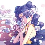  1girl bangs bare_arms bishoujo_senshi_sailor_moon black_hair blue_eyes choker crescent crescent_earrings earrings facial_mark flower forehead_mark hair_bun jewelry long_hair looking_at_viewer luna_(sailor_moon) luna_(sailor_moon)_(human) nezumipl parted_bangs petals rose smile solo twitter_username upper_body wavy_hair white_background white_flower white_rose yellow_neckwear 