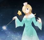  bangs blonde_hair blue_dress blue_eyes chiko_(mario) collarbone crown dress earrings hair_over_one_eye holding holding_wand jewelry kurage_(11649021) long_dress long_hair looking_at_viewer super_mario_bros. mini_crown nintendo off-shoulder_dress off_shoulder open_mouth parted_bangs rosetta_(mario) sky star star_(sky) starry_sky super_mario_galaxy wand 