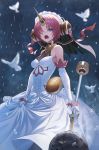  1girl bird blue_eyes breasts dove dress elbow_gloves fate/apocrypha fate/grand_order fate_(series) frankenstein&#039;s_monster_(fate) gloves hair_over_eyes hair_over_one_eye headgear highres horn looking_at_viewer pink_hair rain short_hair sion_(9117) small_breasts solo veil wedding_dress wet white_dress white_gloves 