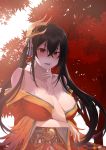  1girl absurdres ahoge arm_between_breasts arm_under_breasts autumn_leaves azur_lane bangs bare_shoulders black_hair blush breasts cleavage collarbone crossed_bangs day eyebrows_visible_through_hair feathers hair_between_eyes hair_ribbon hand_to_own_mouth highres japanese_clothes jjeono kimono large_breasts leaf long_hair looking_at_viewer maple_leaf mask mask_on_head obi open_mouth outdoors red_eyes red_kimono ribbon sash sidelocks smile solo striped striped_ribbon taihou_(azur_lane) twintails upper_body very_long_hair wide_sleeves wind 