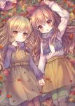  2girls :d autumn_leaves bangs black_footwear blonde_hair blue_scarf blush boots bow brown_dress brown_eyes brown_hair brown_legwear brown_skirt closed_mouth commentary_request day dress eyebrows_visible_through_hair fringe from_above green_legwear hair_between_eyes hair_bow hair_ribbon hakurei_reimu hand_holding interlocked_fingers kirisame_marisa long_hair long_sleeves lying multiple_girls on_back open_mouth outdoors pantyhose pjrmhm_coa pleated_skirt purple_shirt red_bow red_eyes red_ribbon ribbon scarf shirt skirt smile thigh-highs thigh_boots touhou turtleneck very_long_hair white_shirt 
