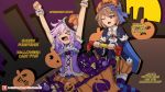  &gt;_&lt; 2girls :d ;o arms_up blanc blue_cape blue_eyes blue_jacket blush brown_hair cape capelet clenched_hands commentary d-pad d-pad_hair_ornament english food full_moon garter_straps hair_between_eyes hair_ornament halloween halloween_costume jacket long_sleeves looking_at_another medium_hair moon multiple_girls neptune_(choujigen_game_neptune) neptune_(series) one_eye_closed open_mouth orange_skirt outdoors patreon_username pumpkin_hat purple_corset purple_hair purple_shirt pushing riding shirt shopping_cart short_hair short_sleeves skirt smile striped striped_legwear sweets thigh-highs verniy_misaki wide_sleeves 