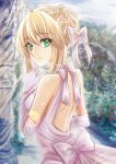  1girl 2018 ahoge artoria_pendragon_(all) backless_dress backless_outfit blonde_hair blurry blurry_background bow braided_bun dated day dress elbow_gloves eyebrows_visible_through_hair fate/stay_night fate_(series) garan_asther gloves green_eyes hair_between_eyes hair_bow hair_bun halterneck highres lens_flare looking_at_viewer looking_back outdoors saber sidelocks signature sleeveless sleeveless_dress smile solo tied_hair upper_body white_bow white_dress white_gloves 