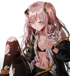  1girl bangs black_skirt blood blood_on_face damaged dirty girls_frontline hair_between_eyes hair_ornament hood hood_down hooded_jacket jacket knee_up light_brown_hair long_hair looking_at_viewer mechanical_arm mod3_(girls_frontline) one-eyed one_side_up open_clothes open_jacket open_mouth open_shirt pantyhose pleated_skirt scar scar_across_eye shirt sidelocks silence_girl simple_background sitting skirt thigh_strap torn_clothes torn_pantyhose torn_shirt ump45_(girls_frontline) white_background yellow_eyes 