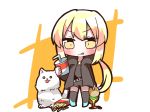  1girl absurdres animal artoria_pendragon_(all) bangs belt belt_buckle bendy_straw black_jacket black_legwear black_shirt black_shorts blonde_hair buckle chibi closed_mouth commentary_request cup disposable_cup dog drinking_straw eyebrows_visible_through_hair fast_food fate/stay_night fate_(series) food french_fries hamburger highres holding holding_cup holding_food hood hood_down hooded_jacket jacket jako_(jakoo21) jewelry long_hair looking_at_viewer low_twintails open_clothes open_jacket pendant saber_alter shirt short_shorts shorts sidelocks solo standing thigh-highs tongue tongue_out twintails v-shaped_eyebrows very_long_hair white_belt yellow_eyes 