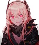  1girl bangs black_jacket crying crying_with_eyes_open fangs girls_frontline gloves gradient gradient_background hair_between_eyes headgear holding_arm jacket long_hair looking_at_viewer m4_sopmod_ii_(girls_frontline) multicolored_hair open_mouth pink_hair red_eyes redhead scarf sidelocks silence_girl simple_background solo streaked_hair tears torn_clothes upper_body 