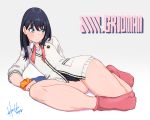  1girl artist_name bangs black_hair blue_eyes blush breasts cardigan commentary_request copyright_name eyebrows_visible_through_hair gradient gradient_background hori_shin long_hair long_sleeves looking_at_viewer looking_to_the_side lying on_side pink_footwear school_uniform shiny shiny_hair shiny_skin shirt skirt small_breasts smile socks solo ssss.gridman takarada_rikka thick_thighs thighs white_shirt 
