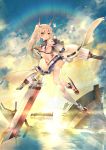  1girl ayanami_(azur_lane) azur_lane bandaid bare_shoulders breasts choker clouds cloudy_sky commentary_request detached_sleeves full_body headgear highres holding holding_sword holding_weapon long_hair looking_at_viewer machinery military military_vehicle navel orange_eyes parted_lips ponytail remodel_(azur_lane) school_uniform serafuku ship silver_hair sky small_breasts solo sword teddy_(khanshin) thigh-highs turret twilight under_boob warship watercraft weapon white_legwear wide_sleeves zettai_ryouiki 