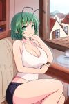  1girl adda antennae arm_rest book bookshelf breasts chair chin_rest cleavage collarbone commentary_request covered_nipples day eyebrows_visible_through_hair green_eyes green_hair highres houses indoors large_breasts looking_at_viewer midriff no_bra open_window short_shorts shorts sitting smile solo tank_top tea thighs touhou window wriggle_nightbug 