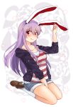  1girl animal_ears between_legs black_jacket blush brown_footwear drawfag full_body hand_between_legs jacket long_hair looking_at_viewer purple_hair rabbit_ears red_eyes reisen_udongein_inaba seiza shirt shoes sitting smile solo striped striped_shirt touhou white_legwear 