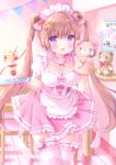  1girl :d animal_ears apron bangs bear_ears blurry blurry_background blush bow breasts brown_hair chair cleavage commentary_request depth_of_field eyebrows_visible_through_hair frilled_apron frilled_legwear frilled_skirt frills hair_between_eyes hair_bow hair_ornament hairclip hand_puppet heart highres holding holding_spoon holding_tray indoors light_brown_hair long_hair looking_at_viewer maid maid_headdress medium_breasts open_mouth original parfait pennant pink_bow pink_skirt pleated_skirt puffy_short_sleeves puffy_sleeves puppet shelf shirt short_sleeves sidelocks skirt smile solo spoon standing star star_hair_ornament string_of_flags striped striped_legwear stuffed_animal stuffed_toy table teddy_bear tray twintails very_long_hair violet_eyes waist_apron white_apron white_shirt wooden_floor x_hair_ornament yuyuko_(yuyucocco) 