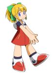  1girl android atonamu bangs blonde_hair blue_eyes blunt_bangs bow child full_body green_bow hair_bow hair_ornament hands_together high_ponytail highres hood hood_down hooded_dress long_hair ponytail red_footwear rockman rockman_(classic) rockman_11 roll sidelocks simple_background smile solo standing white_background 
