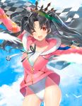  1girl ;d arm_up bangs black_hair black_ribbon blue_sky blurry blurry_foreground blush checkered clouds cloudy_sky collarbone commentary_request contrapposto cowboy_shot day depth_of_field drawstring earrings eyebrows_visible_through_hair fate/grand_order fate_(series) floating_hair fur-trimmed_hood fur_trim glint hair_between_eyes head_tilt hood hood_down hooded_jacket hoop_earrings ishtar_(fate/grand_order) ishtar_(swimsuit_rider)_(fate) jacket jewelry kagachi_saku long_hair long_sleeves looking_at_viewer one_eye_closed open_mouth outdoors outstretched_arms parted_bangs pink_jacket red_eyes ribbon signature sky smile solo standing strapless strapless_swimsuit swimsuit tiara two_side_up white_swimsuit 