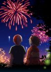  1boy 1girl arm_support back_bow black_hair black_shirt boku_no_hero_academia bow couple fireworks from_behind hair_ornament japanese_clothes kimono multicolored_hair night outdoors ponytail red_kimono redhead shirt short_sleeves silver_hair sitting teaszlt todoroki_shouto two-tone_hair uraraka_ochako yukata 