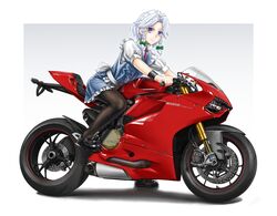  1girl black_footwear black_legwear blue_eyes blue_skirt blue_vest bow bracer braid chanko closed_mouth collared_shirt commentary_request ducati ducati_1199 frilled_skirt frills green_bow grey_background ground_vehicle hair_bow highres izayoi_sakuya large_bow leaning_forward light_smile logo looking_at_viewer maid maid_headdress mary_janes miniskirt motor_vehicle motorcycle necktie outside_border pantyhose polka_dot polka_dot_background puffy_short_sleeves puffy_sleeves purple_neckwear riding shirt shoes short_hair short_sleeves sidelocks silver_hair sitting skirt skirt_set smile solo touhou twin_braids vest white_shirt 