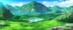  blue_sky clouds cloudy_sky commentary_request day field forest grass highres hill lake meadow moss mountain mountainous_horizon nature no_humans original outdoors reflection rock scenery sennotane shore sky tree twitter_username water 