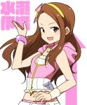  1girl :d bracelet brown_eyes brown_hair floating_hair hair_ornament hairband hand_on_hip idolmaster idolmaster_(classic) jewelry kidachi long_hair looking_at_viewer midriff minase_iori open_mouth sketch sleeves smile solo stomach upper_body yellow_hairband 