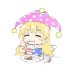  1girl :t ^_^ american_flag_dress bangs blonde_hair blue_dress blush chibi closed_eyes closed_eyes clownpiece commentary_request cup curry curry_rice dress eyebrows_visible_through_hair food hand_up hat holding holding_plate holding_spoon jester_cap long_hair neck_ruff nibi pink_hat plate polka_dot_hat red_dress rice short_sleeves simple_background smile solo spoon star star_print striped striped_dress touhou upper_body white_background white_dress 