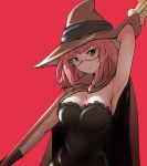  1girl :o arm_behind_back armpits arms_up black_dress breasts cape cleavage dress glasses goblin_slayer! green_eyes half-closed_eyes hat highres large_breasts open_mouth pink_background pink_hair simple_background sleeveless sleeveless_dress staff strapless strapless_dress take_(trude1945oneetyan) witch 