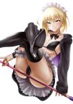  1girl apron artoria_pendragon_(all) artoria_pendragon_(swimsuit_rider_alter) ass bangs bikini black_bikini black_footwear black_jacket black_ribbon black_skirt blonde_hair blush boots braid breasts closed_mouth collarbone drshellon fate/grand_order fate_(series) french_braid frilled_apron frills hair_between_eyes high_heel_boots high_heels highres hips hood hoodie jacket leg_garter legs legs_crossed legs_up looking_at_viewer maid_bikini maid_headdress mop neck_ribbon open_clothes open_hoodie open_jacket ribbon simple_background skirt small_breasts smile solo swimsuit thigh-highs thigh_boots thighs waist_apron white_background yellow_eyes 