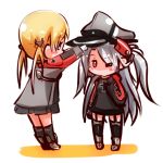  2girls adjusting_clothes adjusting_hat anchor_hair_ornament azur_lane blonde_hair blue_eyes chibi commentary_request crossover garter_straps hair_ornament hat kantai_collection long_hair multiple_girls namesake peaked_cap pleated_skirt prinz_eugen_(azur_lane) prinz_eugen_(kantai_collection) red_eyes silver_hair simple_background skirt twintails two_side_up white_background yagami_kamiya 