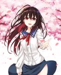  1girl :d blue_skirt brown_hair center_frills cherry_blossoms collarbone commentary hair_between_eyes healther long_hair long_sleeves looking_at_viewer multicolored_hair open_mouth original outstretched_hand petals red_eyes red_ribbon redhead ribbon shirt skirt smile solo white_shirt wind 