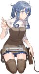  1girl alternate_costume bag blue_eyes blue_hair boots chopsticks closed_mouth drew_(drew213g) fish food gotland_(kantai_collection) handbag kantai_collection medium_dress medium_hair mole mole_under_eye official_art ponytail pout pouty_lips saury shirt thigh-highs thigh_boots white_shirt 