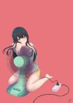  1girl 2018 :t absurdres barefoot black_hair brown_eyes cable closed_mouth dated electric_fan eyebrows_visible_through_hair hair_between_eyes highres long_hair looking_at_viewer number original pink_background power_strip reito_(1755866) shirt short_sleeves shorts sitting solo white_shirt yellow_shorts 