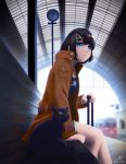  1girl 2018 bench black_cat black_hair blue_eyes blurry blush brown_jacket cat clock dated depth_of_field from_side ground_vehicle highres jacket long_sleeves number open_clothes open_jacket original parted_lips reito_(1755866) short_hair sitting star star_print suitcase train train_station 