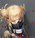  1girl artist_name blonde_hair blood blood_on_face blood_splatter boku_no_hero_academia double_bun grey_background grey_sweater hanbenp highres looking_at_viewer mask neckerchief red_neckwear sailor_collar solo sweater tied_hair toga_himiko upper_body yellow_eyes 