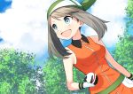  1girl :d bangs blue_eyes brown_hair clouds creatures_(company) day game_freak gloves green_bandana haruka_(pokemon) highres holding holding_poke_ball long_hair nintendo open_mouth outdoors parted_bangs poke_ball pokemon pokemon_(game) pokemon_rse premier_ball sleeveless smile solo twintails upper_body wristband yuihiko 