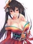  1girl ahoge azur_lane bangs bare_shoulders black_hair blush breasts cleavage collarbone cowboy_shot crossed_bangs eyebrows_visible_through_hair feathers gradient gradient_background hair_between_eyes hair_ornament hand_up highres huge_breasts japanese_clothes kimono large_breasts long_hair looking_at_viewer obi off_shoulder open_mouth ranju_aira red_eyes red_kimono sash simple_background smile solo taihou_(azur_lane) twintails very_long_hair wide_sleeves 