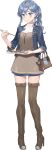  1girl alternate_costume bag blue_eyes blue_hair boots chopsticks closed_mouth drew_(drew213g) fish food gotland_(kantai_collection) handbag jacket kantai_collection long_hair medium_dress mole mole_under_eye official_art open_clothes open_jacket ponytail saury shirt thigh-highs thigh_boots white_shirt 