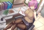  1girl bare_arms beige_vest belt_buckle black_skirt breasts buckle chair computer cup day desk eyewear_in_mouth fate/grand_order fate_(series) glasses hair_over_one_eye highres holding holding_eyewear indoors keyboard large_breasts legs_crossed looking_at_viewer looking_up mash_kyrielight miniskirt mouth_hold mug notepad office_chair pantyhose purple_hair ribbed_shirt screen shiny shiny_clothes shirokuma_a shirt short_hair sitting skirt solo sweater_vest turtleneck violet_eyes window 