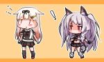 ! 2girls :3 animal_ears azur_lane blush_stickers bow braid chibi commentary_request crossover hair_bow hair_flaps hair_ornament hair_ribbon hairclip kantai_collection light_brown_hair long_hair machinery multiple_girls namesake navel paw_print pleated_skirt red_eyes remodel_(kantai_collection) ribbon scarf school_uniform serafuku silver_hair single_braid skirt tail thick_eyebrows turret two_side_up wolf_ears wolf_tail yagami_kamiya yuudachi_(azur_lane) yuudachi_(kantai_collection) 