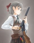  1girl bangs black_neckwear black_skirt bow braid brown_belt brown_bow brown_vest chanko closed_mouth collared_shirt commentary commentary_request crown_braid double-barreled_shotgun dress_shirt english_commentary frown grey_background grey_hair gun hair_bow highres holding holding_gun holding_weapon looking_to_the_side neck_ribbon original pleated_skirt pouch ribbon shirt short_hair shotgun shotgun_shells skirt smoke solo standing upper_body v-shaped_eyebrows vest weapon white_shirt 