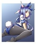  1girl adapted_costume all_fours alto-00 animal_ears ass back black_legwear blue_background blue_hair blue_leotard blue_sailor_collar breasts bunny_girl bunny_tail bunnysuit eyebrows_visible_through_hair fake_animal_ears flower-shaped_pupils hair_between_eyes hair_ribbon headgear highres i-19_(kantai_collection) kantai_collection leotard leotard_under_clothes looking_at_viewer looking_back medium_breasts pantyhose pink_ribbon rabbit_ears red_eyes ribbon sailor_collar sitting solo symbol-shaped_pupils tail tri_tails twintails wariza 