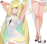 1girl armpits arms_behind_head arms_up bangs bare_legs blonde_hair breasts covered_navel creatures_(company) diagonal_bangs dress game_freak gem green_eyes high_heels highres hips legs long_hair long_legs looking_at_viewer lusamine_(pokemon) medium_breasts nintendo parted_lips poke_ball pokemon pokemon_(game) pokemon_sm sendrawz short_dress simple_background sleeveless solo thighs very_long_hair white_background white_dress 