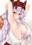  1girl armpits arms_behind_head arms_up bag bangs beret blush braid breasts fate/grand_order fate_(series) hair_between_eyes hat highres horns large_breasts long_hair looking_at_viewer looking_to_the_side oni_horns red_eyes red_hat red_skirt sankakusui shiny shiny_hair shiny_skin shirt shoulder_bag sideboob silver_hair simple_background skirt sleeveless solo tomoe_gozen_(fate/grand_order) very_long_hair waist white_shirt 