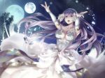  1girl breasts bridal_gauntlets center_opening cleavage dress finis_(lost_song) green_eyes jewelry kokutou leaf long_hair lost_song medium_breasts moon night night_sky open_mouth ring sky solo sparkle star_(sky) teeth tree very_long_hair white_hair 