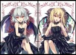  2girls :d alternate_costume bangs bare_shoulders bat_wings black_border black_choker black_dress black_gloves border breasts choker collarbone commentary_request crystal dress eyebrows_visible_through_hair fang feet_out_of_frame flandre_scarlet gloves grey_rose hair_between_eyes head_tilt highres invisible_chair key lace lace-trimmed_dress lace_trim legs_crossed long_hair looking_at_viewer moneti_(daifuku) multiple_girls nail_polish no_hat no_headwear one_side_up open_mouth pink_lips pointy_ears red_eyes red_nails remilia_scarlet see-through short_hair siblings silver_hair sisters sitting small_breasts smile strapless strapless_dress touhou white_background wings wrist_cuffs 