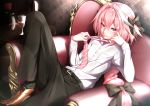  1boy armchair astolfo_(fate) bangs belt belt_buckle black_pants black_ribbon bottle bow braid brown_footwear buckle chair closed_mouth collared_shirt dress_shirt fang fate/grand_order fate_(series) flower hair_bow hand_on_own_cheek highres leaning_back leg_up light_rays long_hair looking_at_viewer multicolored_hair necktie pants pink_hair pink_neckwear ribbon rose seductive_smile shirt single_braid sitting smile streaked_hair table takatun223 vase wallpaper_(object) watch watch white_hair wine_bottle 