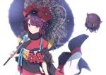  1girl :3 arm_at_side asymmetrical_bangs backlighting bangs black_eyes blue_ribbon blush checkered closed_mouth commentary_request cowboy_shot fate/grand_order fate_(series) floating floral_print flower fur_collar hair_bobbles hair_flower hair_ornament holding holding_umbrella japanese_clothes katsushika_hokusai_(fate/grand_order) kimono long_sleeves obi octopus oriental_umbrella purple_hair ribbon sahara386 sash short_hair simple_background smile solo tasuki tokitarou_(fate/grand_order) umbrella violet_eyes white_background wide_sleeves 