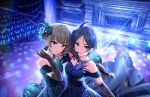  2girls artist_request bangs bare_shoulders blue_dress blue_hair bow bracelet breasts brown_eyes brown_hair cleavage collarbone dress earrings elbow_gloves emerald eyebrows_visible_through_hair feathers gloves green_dress green_eyes grin hair_bow hair_ornament hayami_kanade highres holding holding_microphone idol idolmaster idolmaster_cinderella_girls idolmaster_cinderella_girls_starlight_stage jewelry lace light_smile lights looking_at_viewer medium_breasts microphone multiple_girls mysterious_eyes_(idolmaster) official_art parted_bangs pretty_liar_(idolmaster) short_hair sleeveless sleeveless_dress smile stage takagaki_kaede tied_hair 