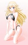  1girl barefoot bikini black_bikini blonde_hair blue_eyes breasts character_name cleavage collarbone eyebrows_visible_through_hair floating_hair full_body hair_between_eyes hakkai hands_on_lap highres kneeling long_hair looking_at_viewer super_mario_bros. medium_breasts navel nintendo princess_peach solo swimsuit under_boob very_long_hair 