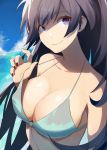  1girl bangs bare_shoulders black_hair blue_sky breasts cleavage clouds cloudy_sky collarbone commentary day english_commentary highres honkai_impact horizon large_breasts long_hair looking_at_viewer nail_polish outdoors raiden_mei sky smile solo translucent_hair upper_body very_long_hair vic violet_eyes 