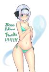  1girl absurdres ass_visible_through_thighs bare_shoulders bikini black_hairband breasts collarbone english eyebrows_visible_through_hair hairband hands_on_own_chest highres hips konpaku_youmu konpaku_youmu_(ghost) looking_at_viewer midriff navel short_hair side-tie_bikini silver_hair simple_background small_breasts smile solo striped striped_bikini swimsuit thank_you touhou watari1118 white_background 